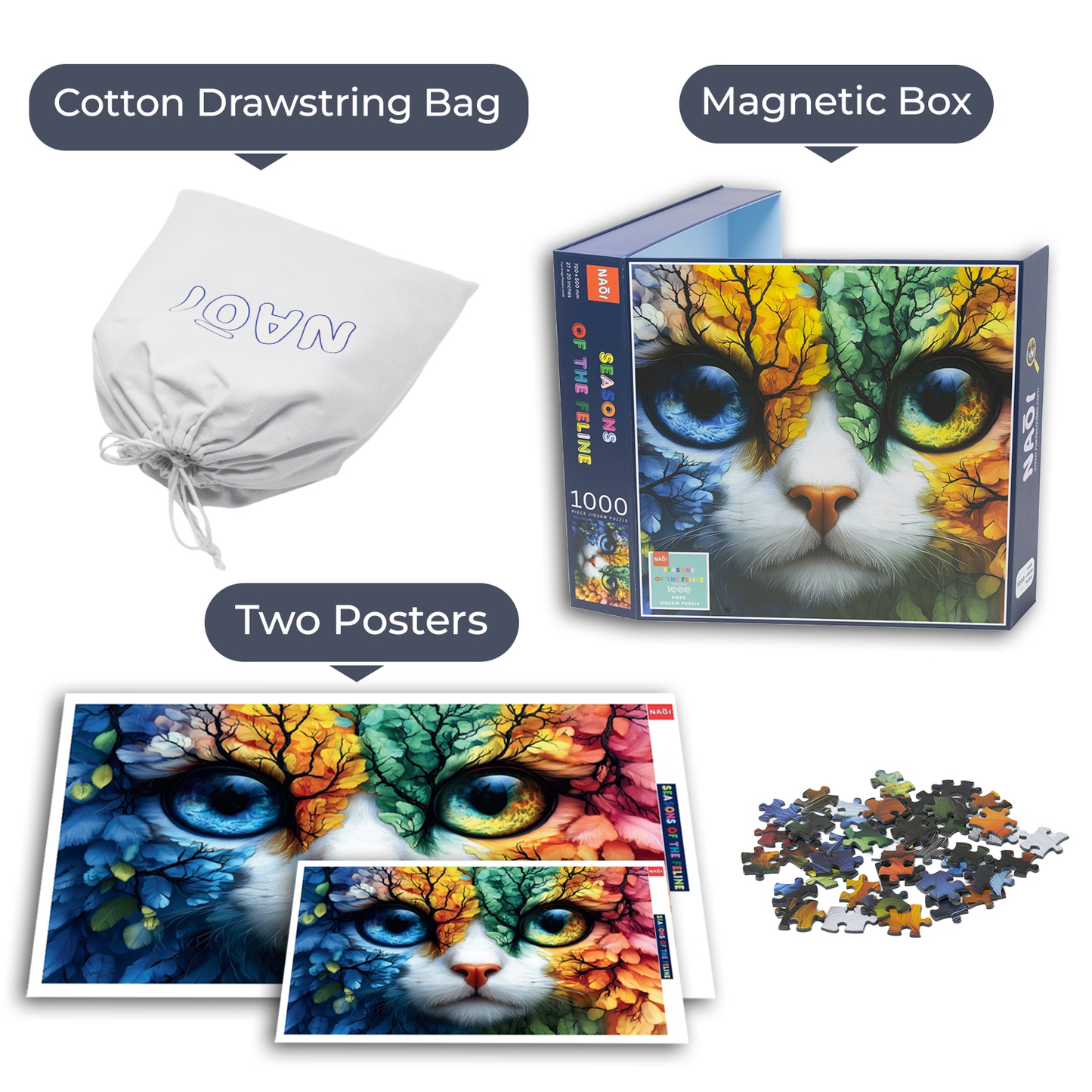 NAOI Seasons of the Feline – 1000-Piece Cat Jigsaw Puzzle (Four Seasons Art)